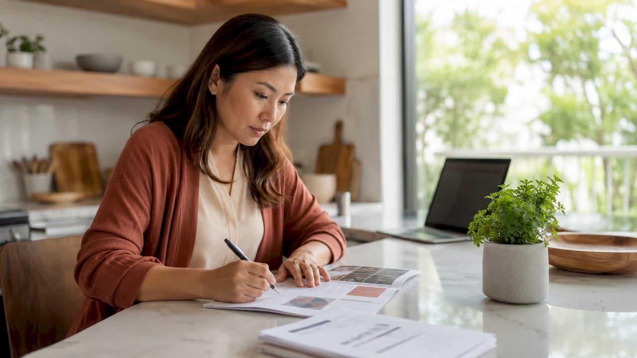 Hands annotating REIT property portfolio sheet