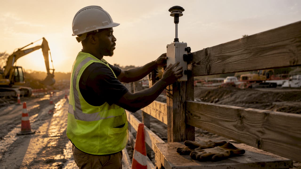 Technician attaching particulate monitor on construction scaffolding