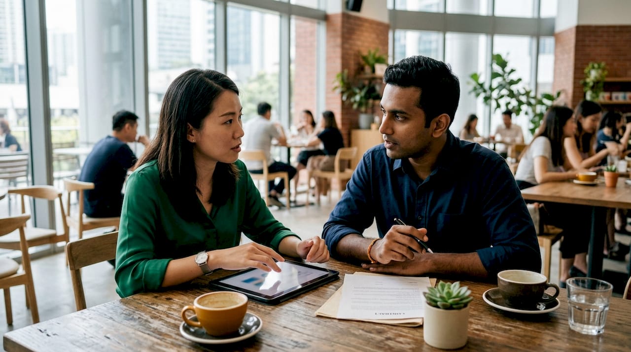 Pair discussing building contract types