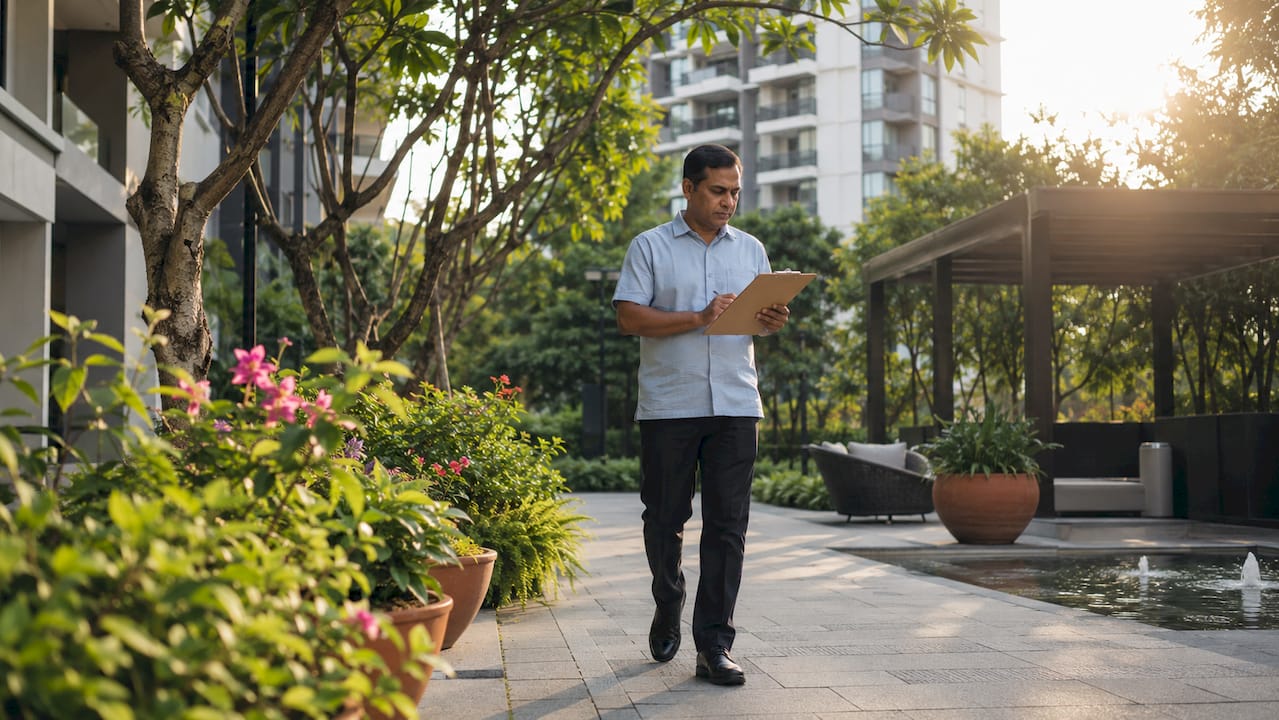 Man inspecting condominium common areas