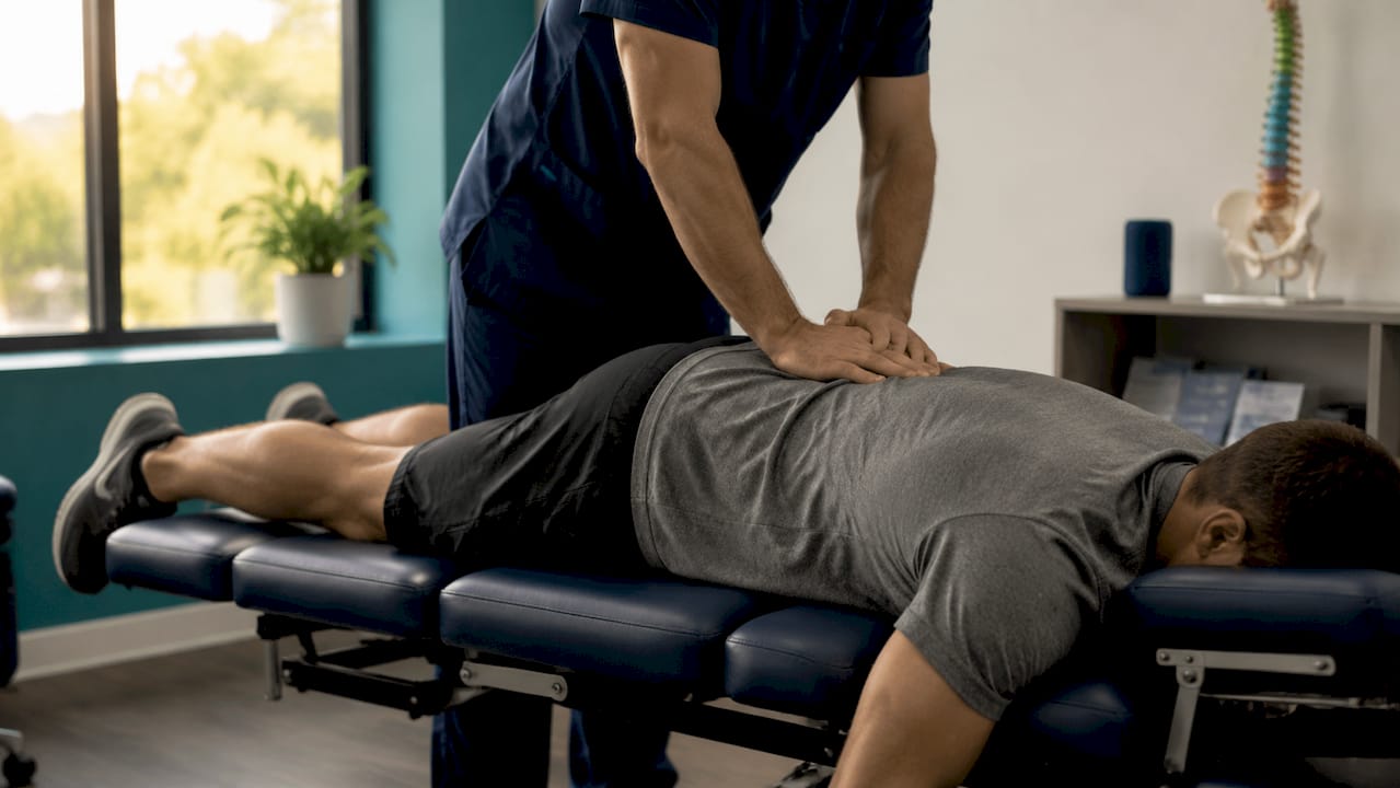 Chiropractor performing assessment on patient's lower back