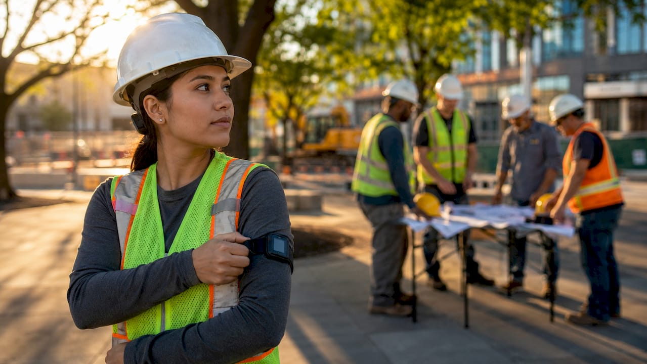 Construction worker wearing wearable fall protection sensor