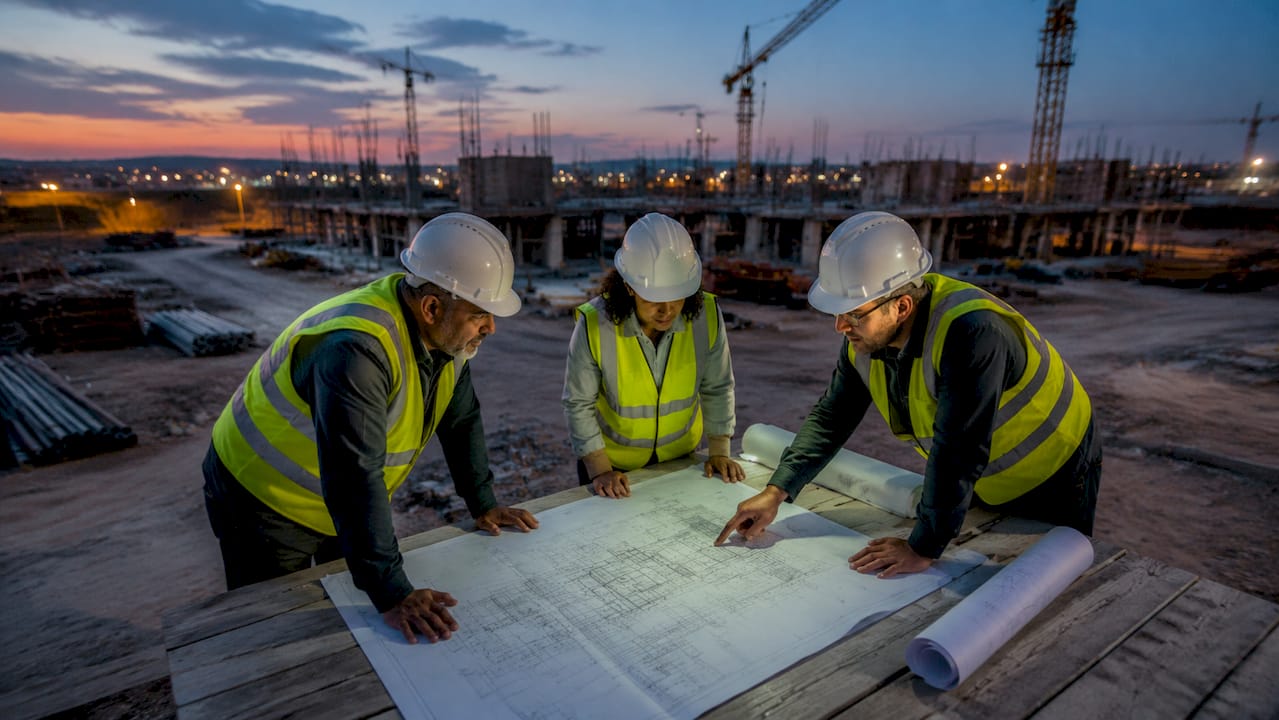 Supervisors discussing site risk assessment outdoors