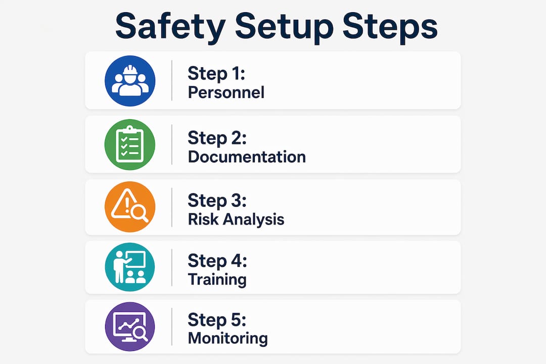 Infographic depicting construction safety system setup steps