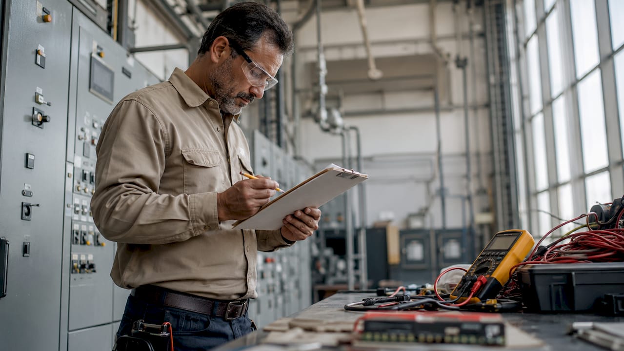 Engineer inspecting manufacturing power supply specifications
