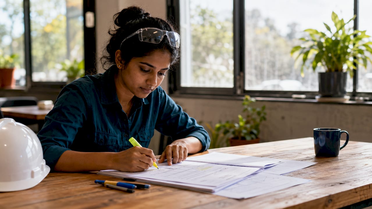 Engineer reviewing inspection documents indoors