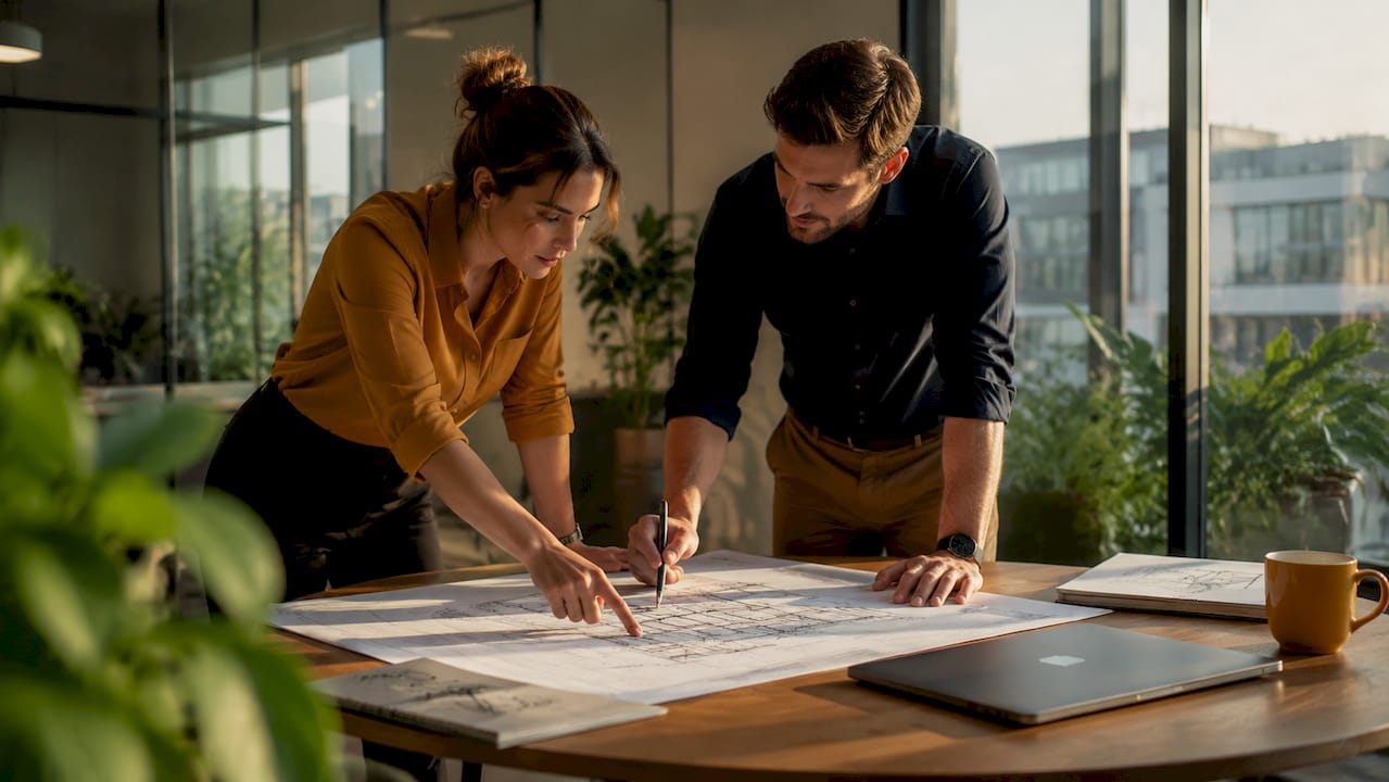 Engineer and checker discussing structural plans