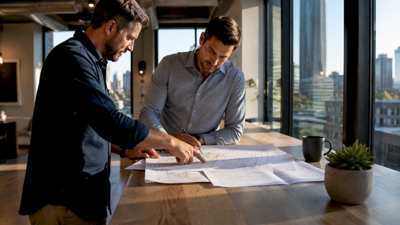 Hands exchanging planning permission documents at meeting table