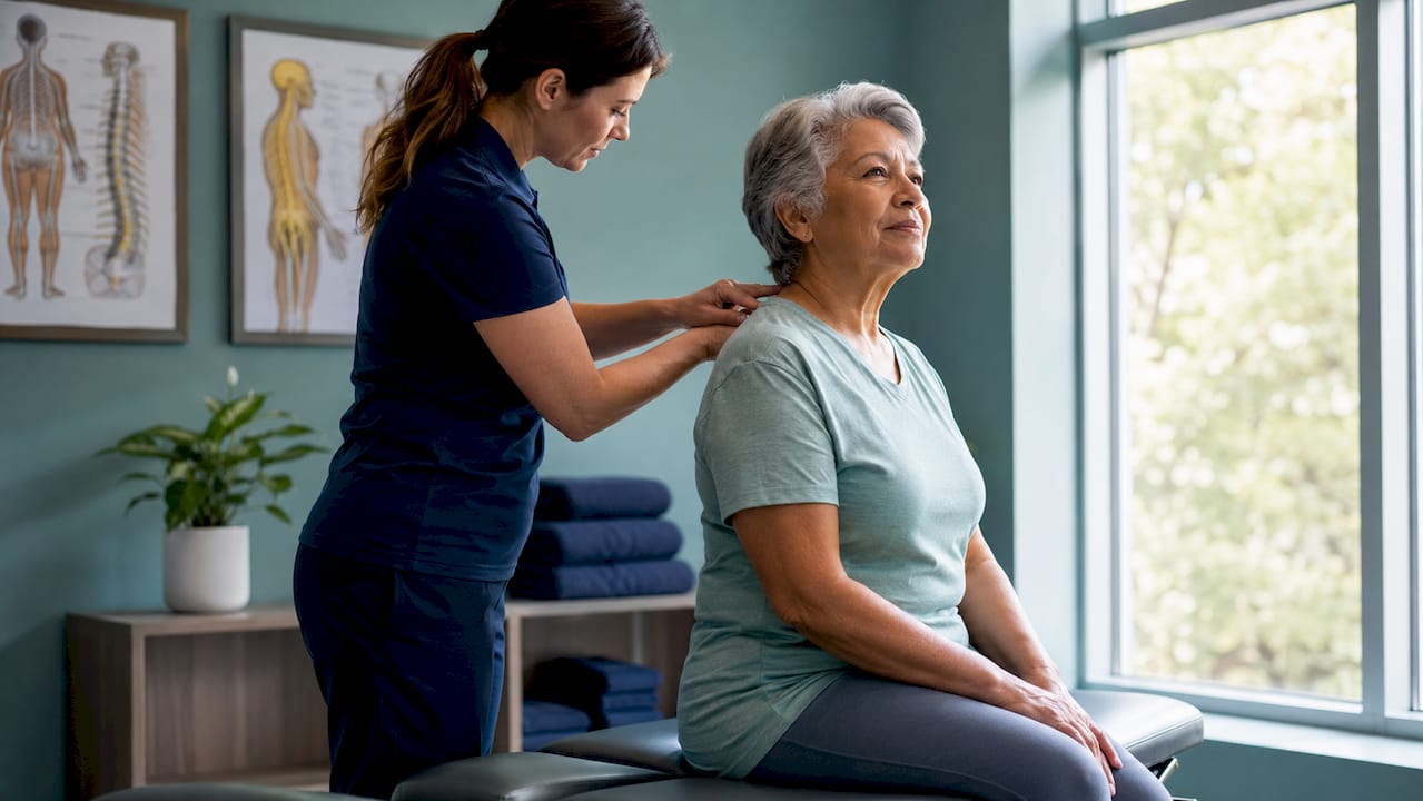 Chiropractor palpating older woman’s upper back