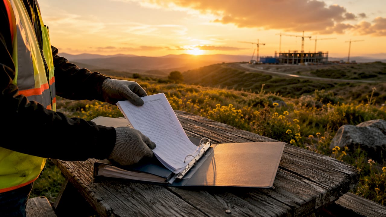 Hands inserting checklist into construction safety binder