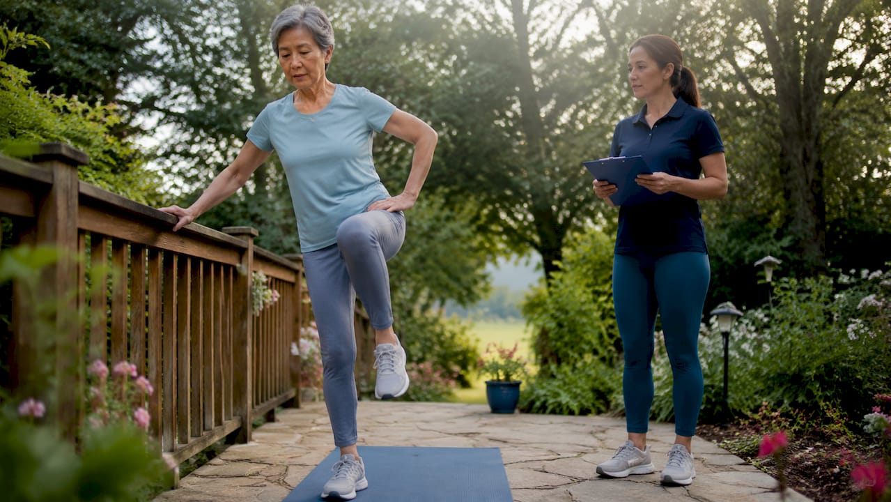 Senior woman doing balance exercise with chiropractor
