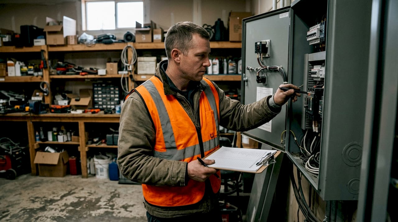 Hands pointing at electrical panel hazards with checklist