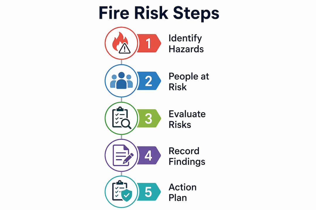 Infographic illustrating five key fire risk assessment steps