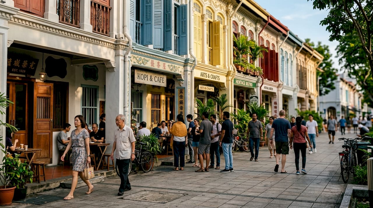 Row of conserved shophouses in Singapore street