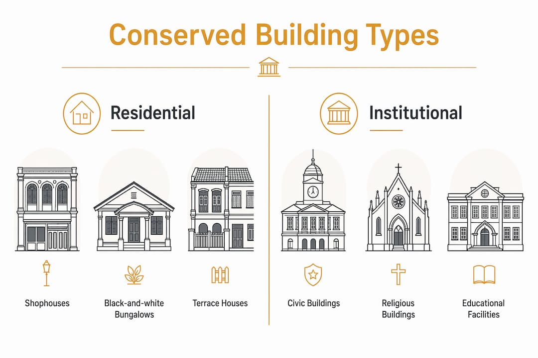 Infographic showing conserved building types in Singapore