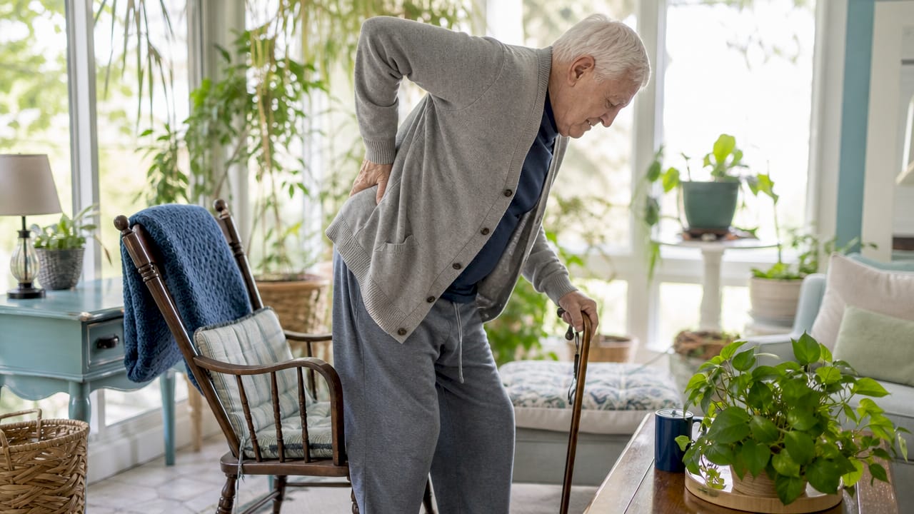 Elderly man standing up with back discomfort