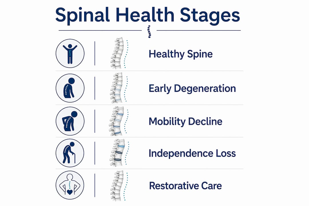 Infographic showing stages of spinal health affecting independence