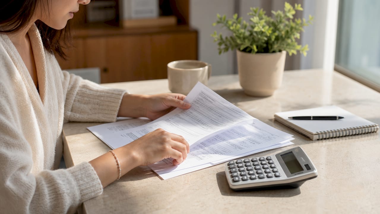 Hands working on mortgage papers with calculator