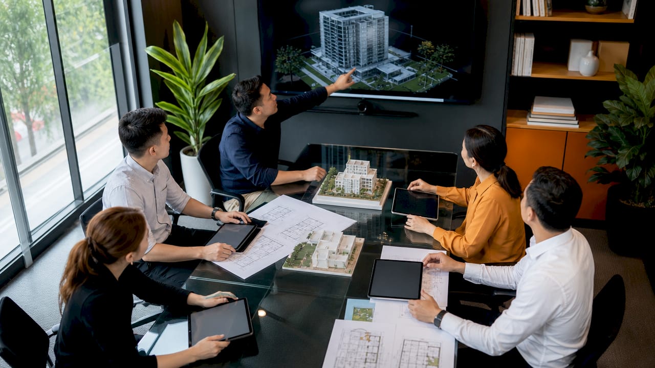 Team coordinating ME drawings in meeting room