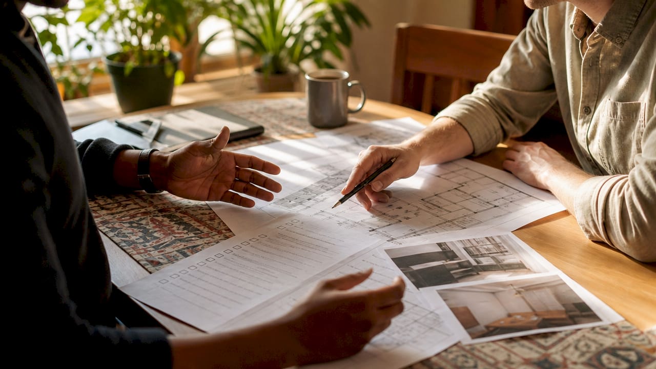 Building Control Process Explained for Singapore Professionals Hands pointing at building plan documents on table