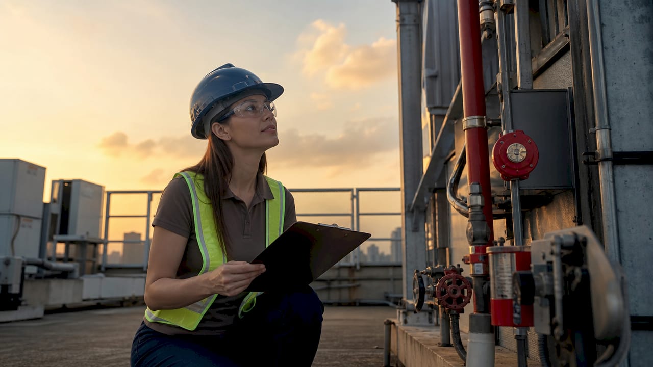 Contractor inspecting rooftop fire suppression system