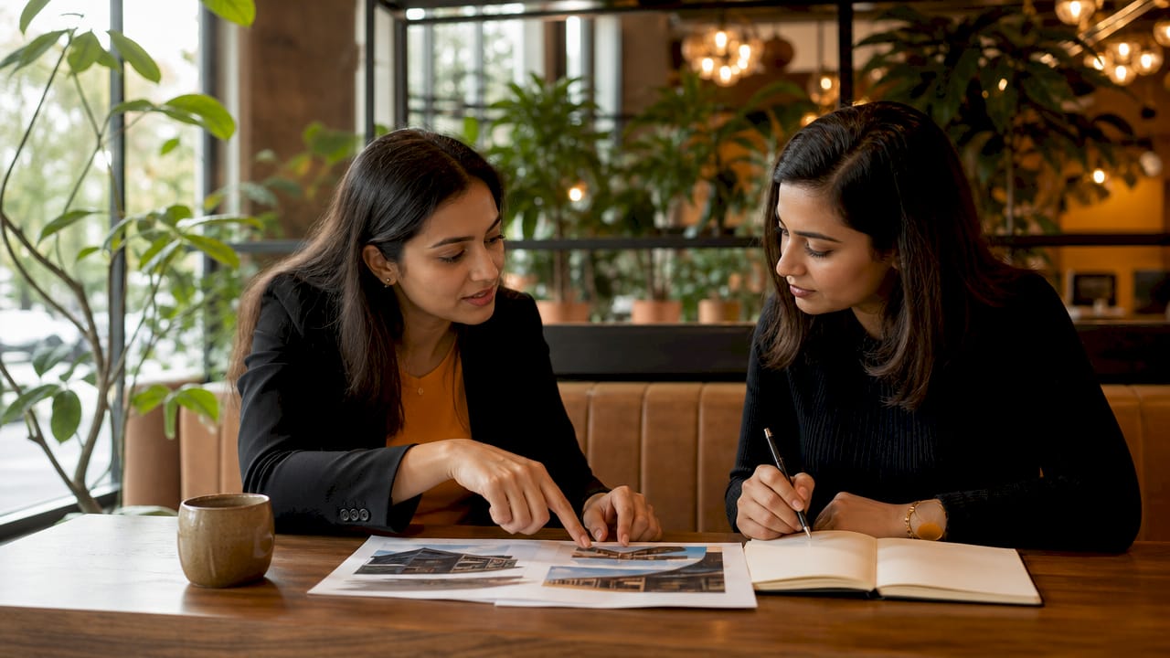 Two women discussing contractor selection documents