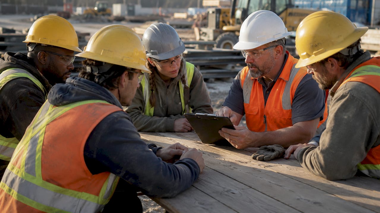 Team safety briefing at construction site