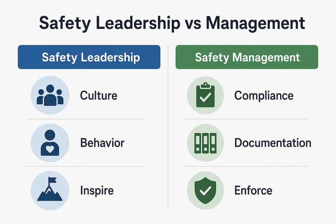 Infographic comparing safety leadership and safety management