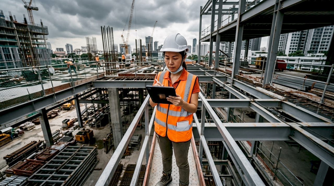 Site supervisor inspecting wooden framing at construction site