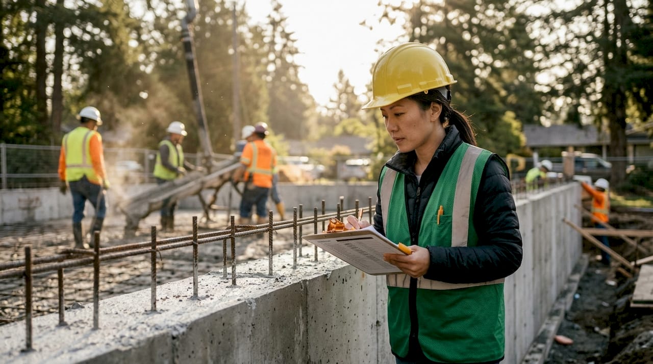 Female supervisor inspecting concrete foundation at site