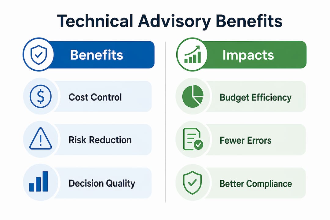 Why Choose Technical Advisory for Construction Projects Infographic comparing benefits and impacts of technical advisory