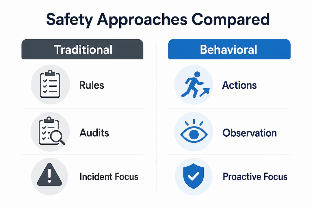 Infographic comparing behavioral safety and traditional safety approaches
