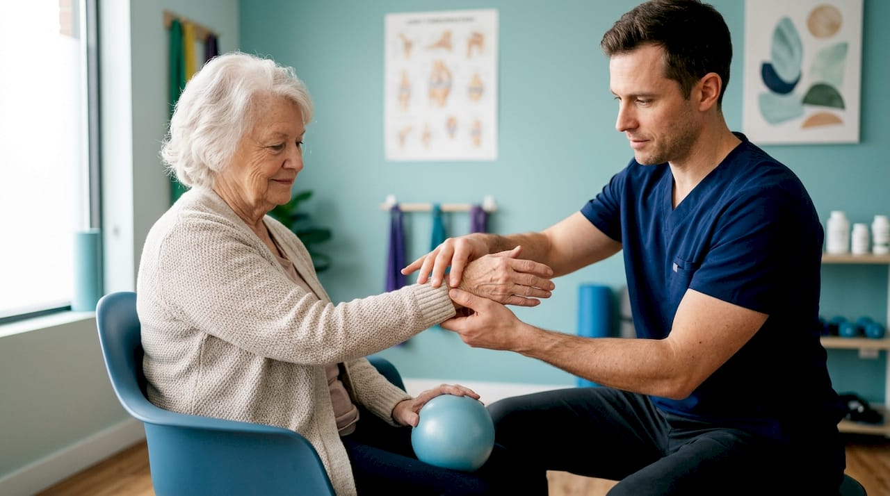 Chiropractor mobilizing patient’s wrist joint in clinic