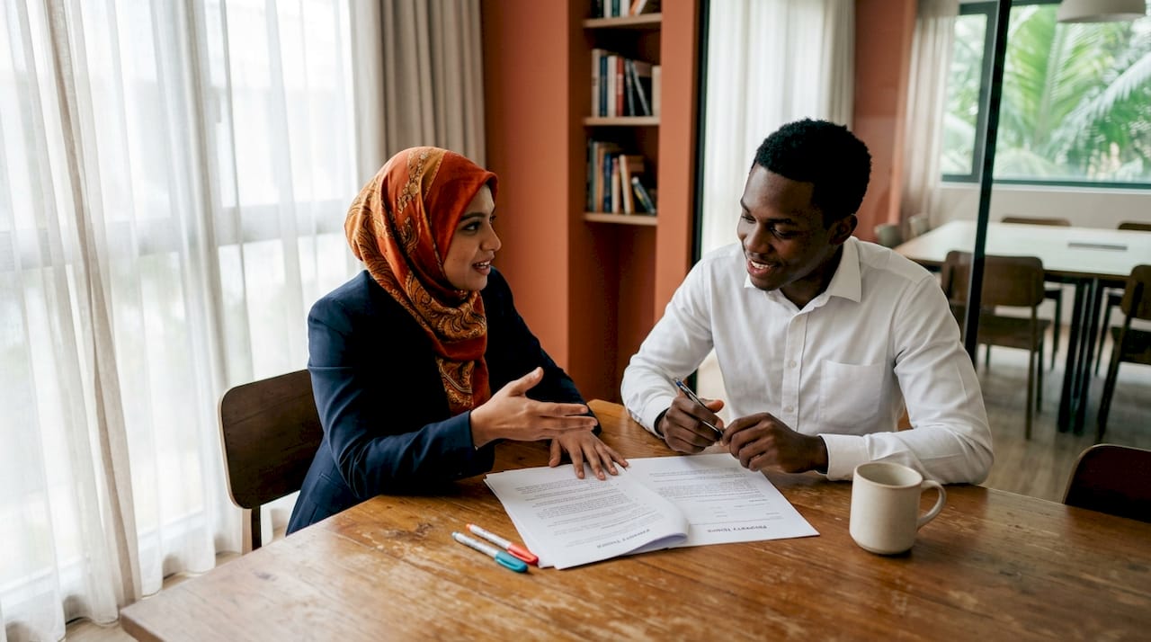 Buyers discussing property tenure papers in office