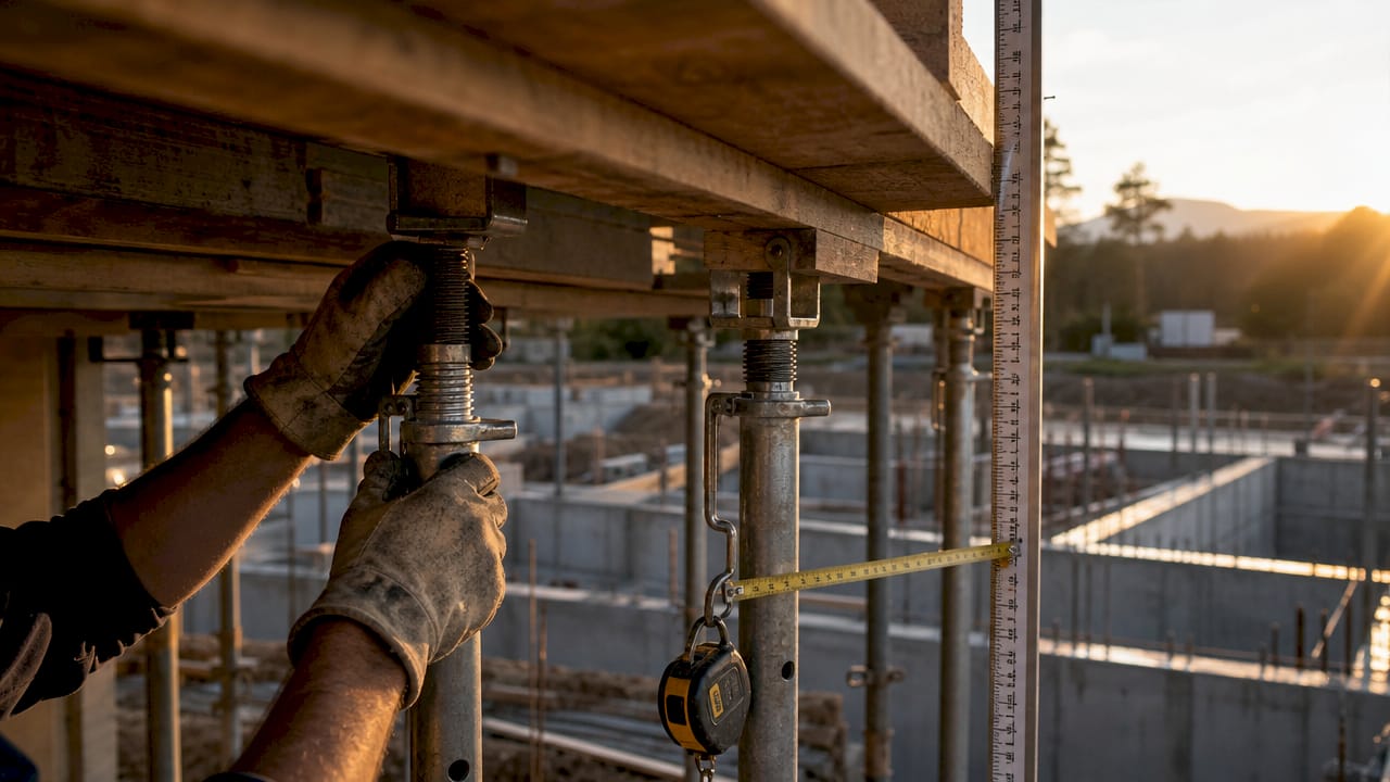 Types of Temporary Works Structures: 2026 Guide Hands adjusting props under timber formwork