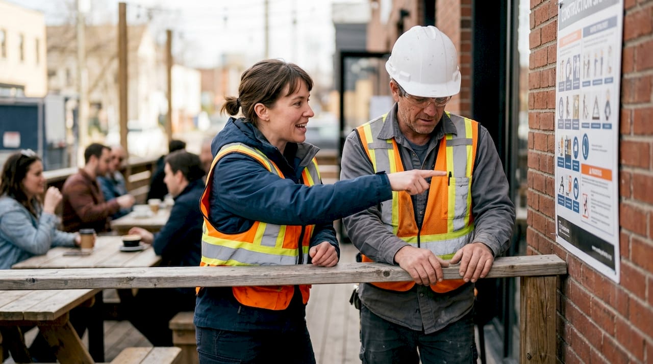 Safety supervisor coaching construction worker onsite