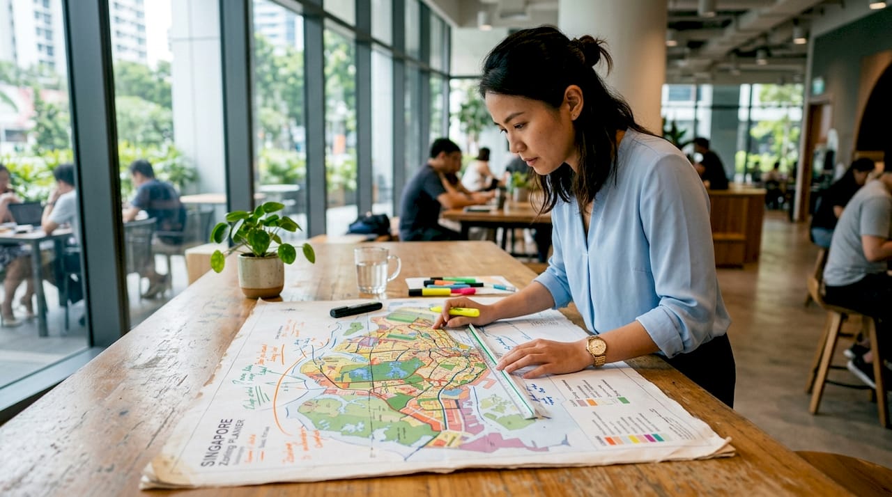 Hands pointing at Singapore URA zoning map