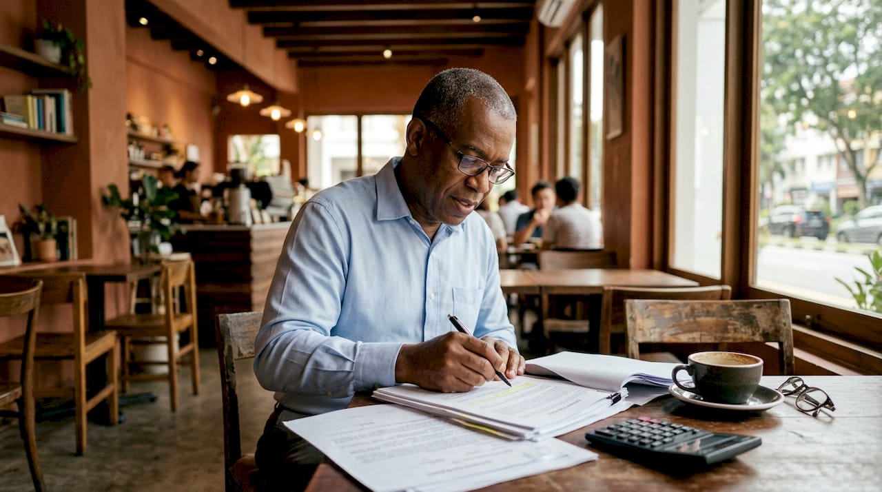 Buyer's agent reviewing real estate contract at desk