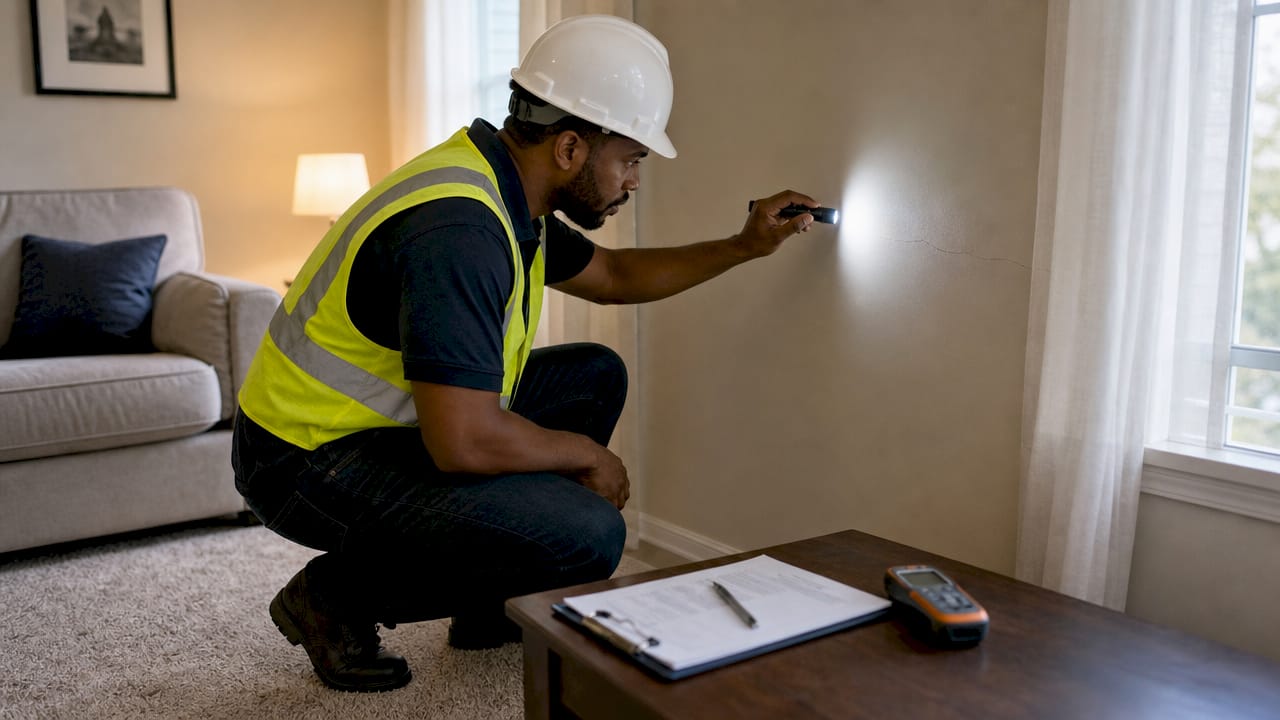 Home inspector checking house foundation defect outdoors