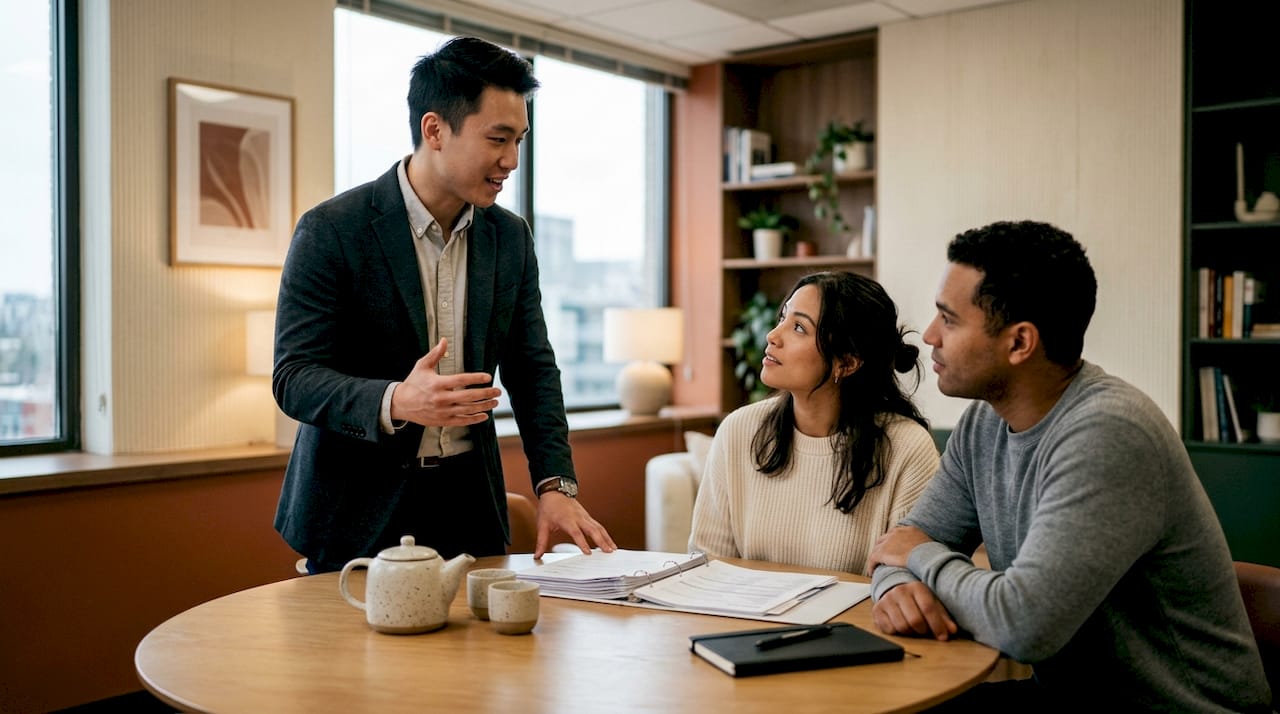 Consultant explaining property tenure to couple