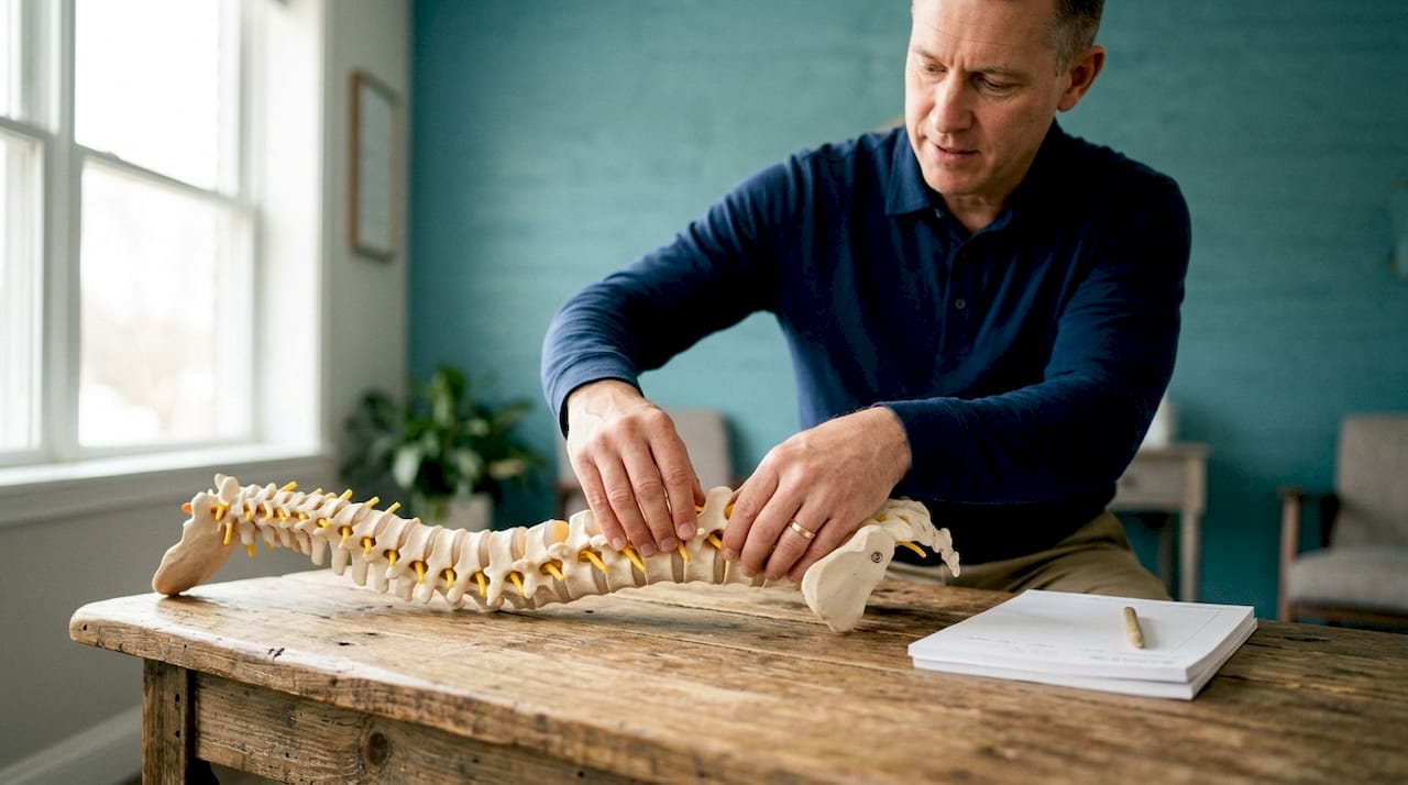Hands demonstrating spine manipulation on model