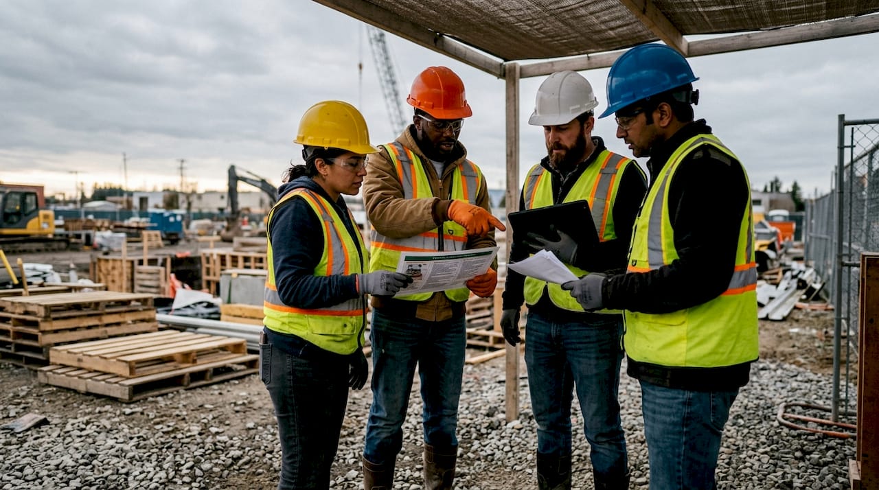 Construction workers discussing safety procedures