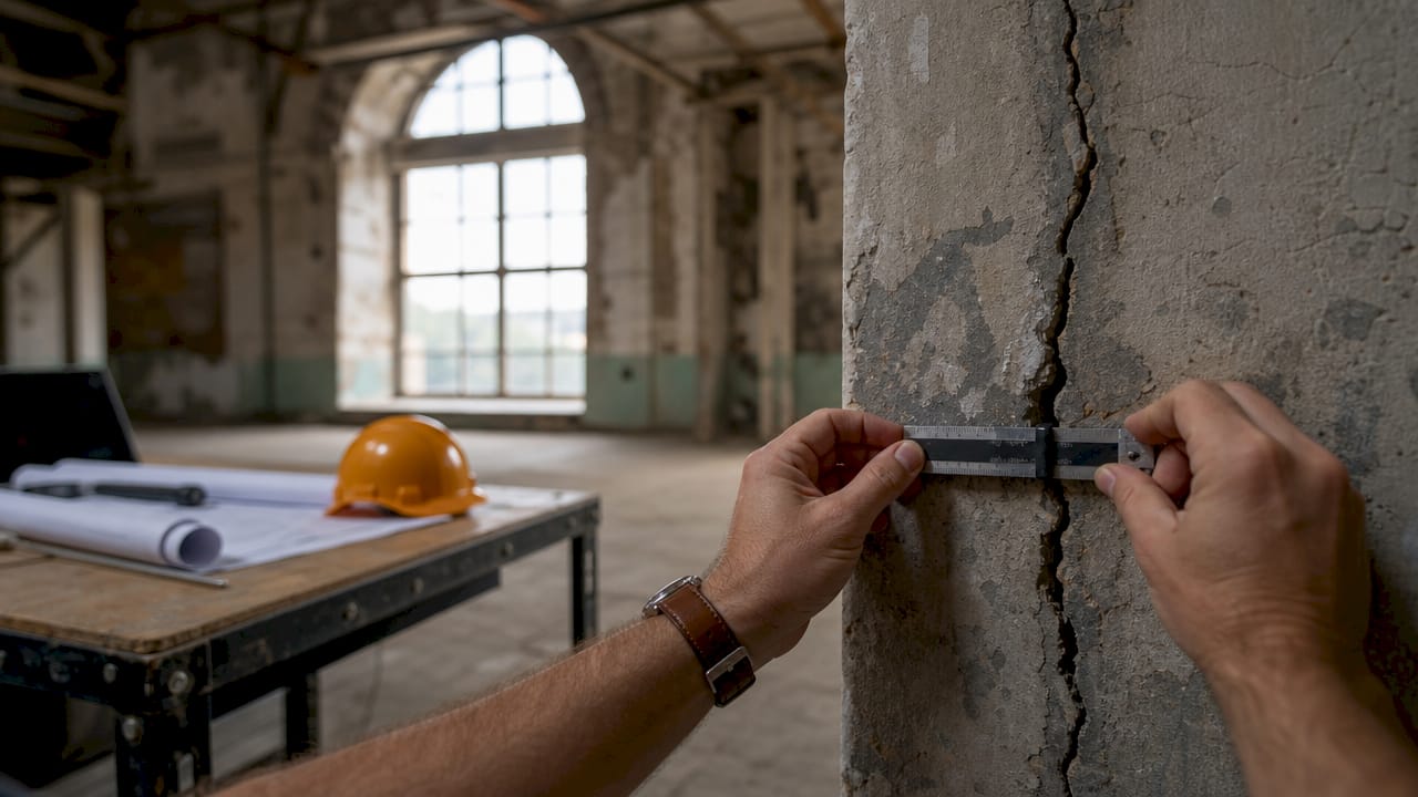 Hands measuring crack in concrete wall