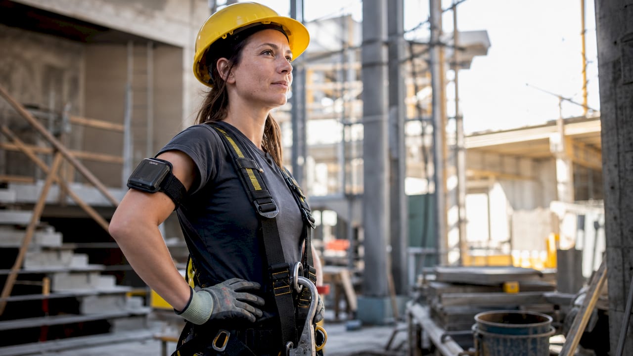 Female construction worker wearing wearable sensor on arm