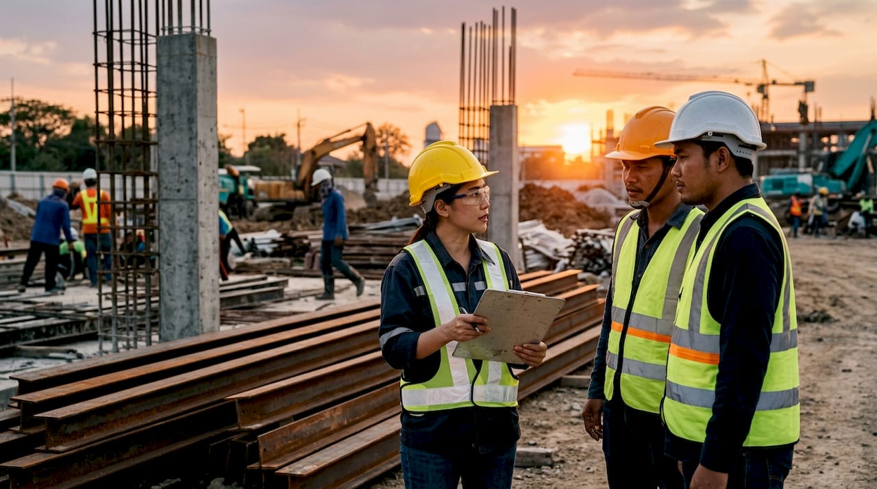 Project manager consulting subcontractors at construction site