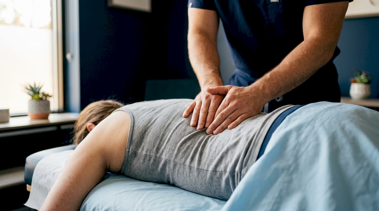 Chiropractor hands adjusting lower back joint