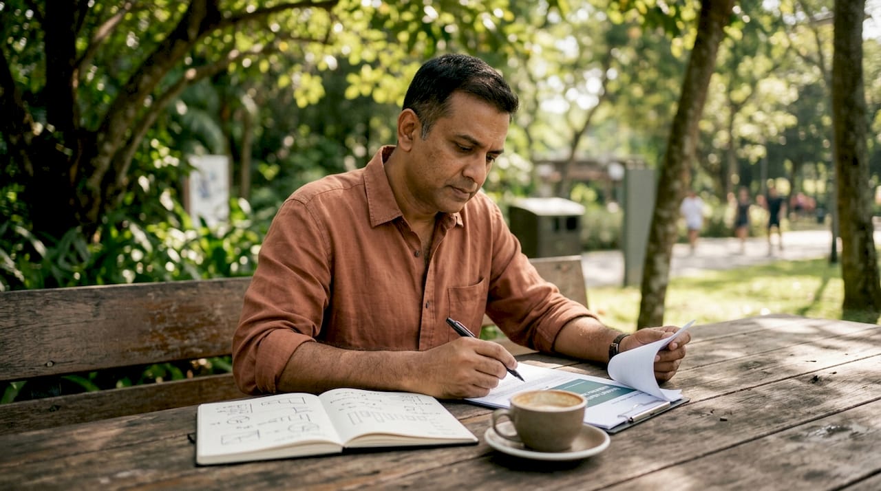 Man analyzing market data on tablet at outdoor café