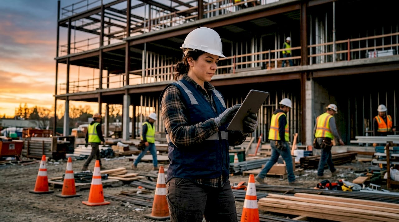 Supervisor’s hands holding tablet on construction site
