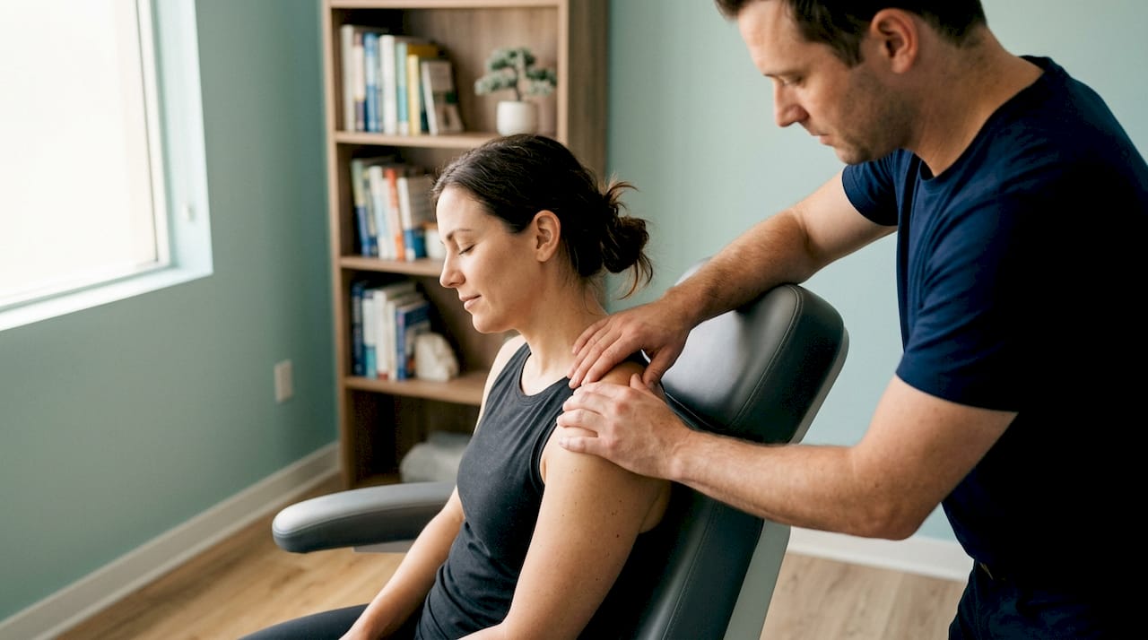 Chiropractor performing soft tissue therapy on shoulder