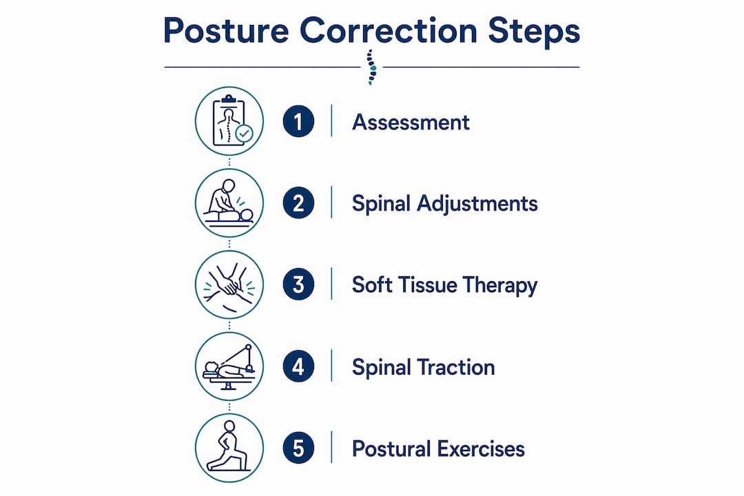 Infographic showing five key chiropractic posture correction steps